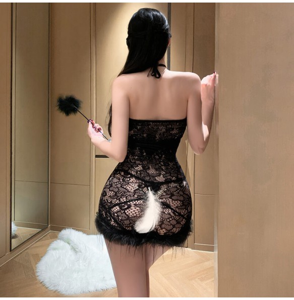 FEE ET MOI - Sheer Hollow-Out Fuzzy Dress (Black)